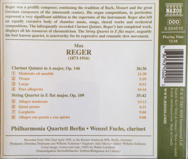 Max Reger, Wenzel Fuchs, Philharmonia Quartett Berlin : Clarinet Quintet, Op. 146 / String Quartet, Op. 109 (CD, Album)