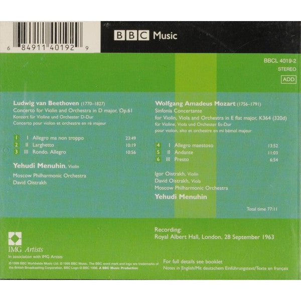 Beethoven* / Mozart* - Menuhin* • David* & Igor Oistrakh* • Moscow Philharmonic Orchestra : Violin Concerto / Sinfonia Concertante (CD, Album)