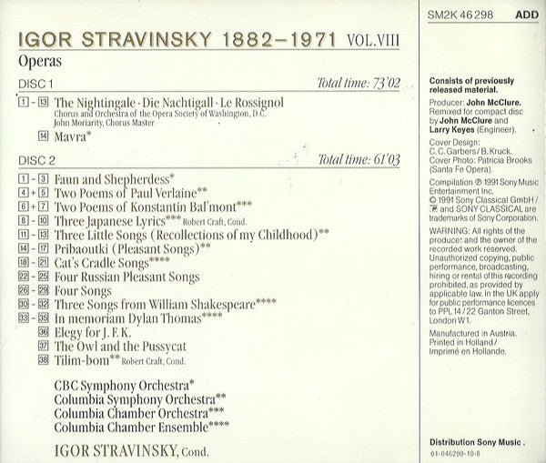 Igor Stravinsky : Le Rossignol · Mavra · 25 Songs (2xCD, Album, RM)