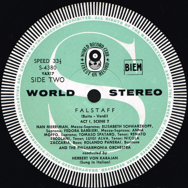 Verdi* - Tito Gobbi, Luigi Alva, Elisabeth Schwarzkopf, Anno Moffo*, Rolando Panerai, Tomaso Spataro, Renato Ercolani, Nicola Zaccaria, Nan Merriman, Fedora Barbieri, The Philharmonic Orchestra* And Chorus* Conducted By Herbert von Karajan : Falstaff (3xLP, Album, Club, RE + Box)