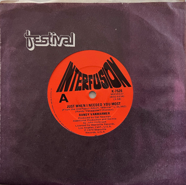 Randy Vanwarmer : Just When I Needed You Most (7", Single, Fir)