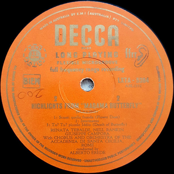 Giacomo Puccini, Renata Tebaldi, Nell Rankin, Giuseppe Campora, Coro dell'Accademia Nazionale di Santa Cecilia And Orchestra dell'Accademia Nazionale di Santa Cecilia, Alberto Erede : Highlights From Madama Butterfly (LP, Mono)