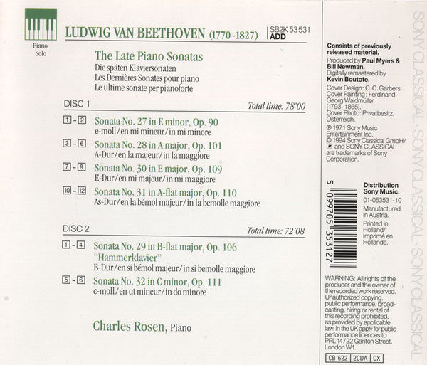 Ludwig van Beethoven, Charles Rosen : The Late Piano Sonatas (2xCD, Album, RE)