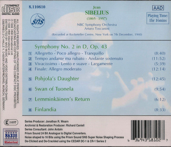 Sibelius* | NBC Symphony Orchestra, Arturo Toscanini : Symphony No. 2 • Swan Of Tuonela • Finlandia (CD, RE, RM)