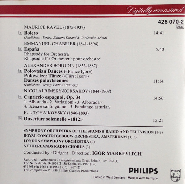 Igor Markevitch : Bolero · Overture «1812» · España · Capriccio Espagnol · Polovtsian Dances (CD, Comp, RE, RM)