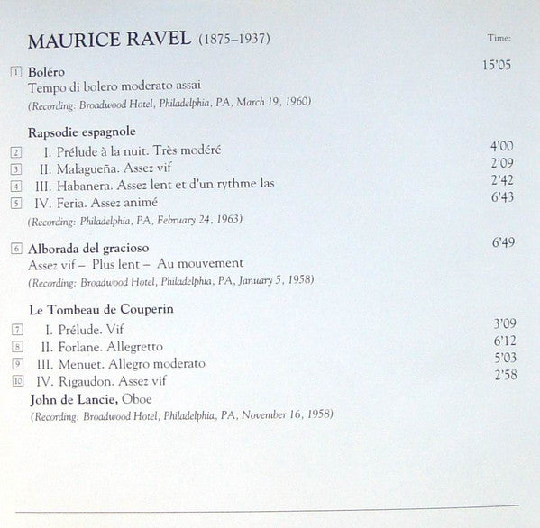 Ravel* / Philadelphia Orchestra*, Eugene Ormandy, Charles Munch : Boléro / Rapsodie Espagnole / Alborada Del Gracioso / Le Tombeau De Couperin / Valses Nobles Et Sentimentales (CD, Comp, RM)