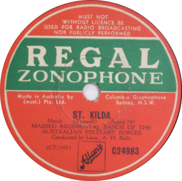 Massed Regimental Bands Of The Australian Military Forces* : Victoria / St. Kilda (Shellac, 10")