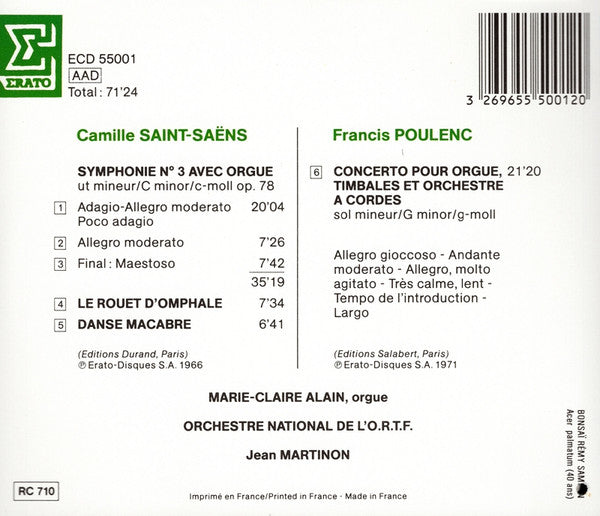 Saint-Saëns*, Poulenc* - Orchestre National De L'ORTF, Jean Martinon, Marie-Claire Alain : Saint-Saëns: Symphonie Avec Orgue · Danse Macabre · Poulenc: Concerto Pour Orgue (CD, Album, Comp)