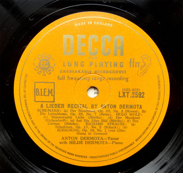 Anton Dermota, Robert Schumann, Hugo Wolf, Richard Strauss, Wolfgang Amadeus Mozart : Reicital (LP, Mono)