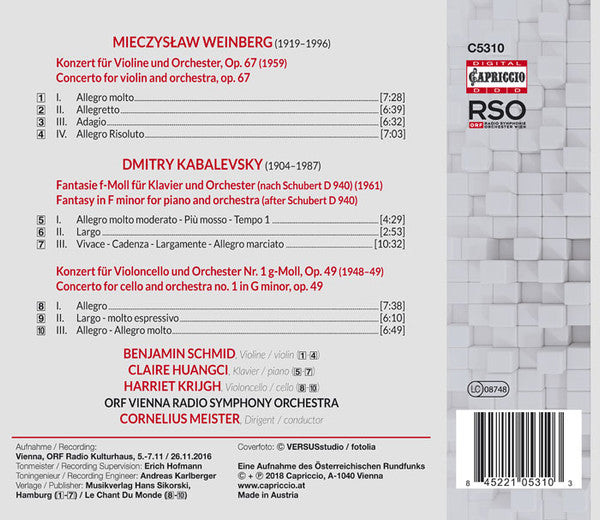 Weinberg*, Kabalevsky* - Benjamin Schmid, Claire Huangci, Harriet Krijgh, ORF Vienna Radio Symphony Orchestra*, Cornelius Meister : Concertos (CD, Album)