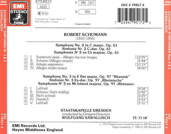 Robert Schumann, Staatskapelle Dresden, Wolfgang Sawallisch : Symphonies • Sinfonien 2 & 3 (CD, RE, RM)