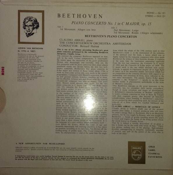 Ludwig van Beethoven, Claudio Arrau : Piano Concerto No. 1 In C Major, Op. 15 (LP, Mono)