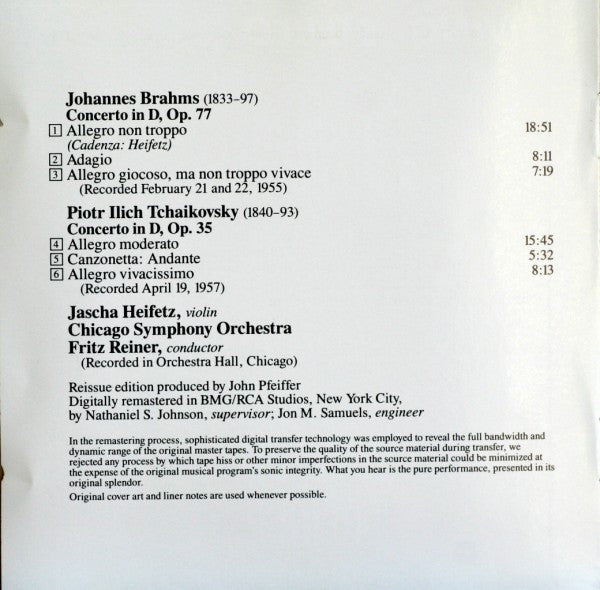Johannes Brahms / Pyotr Ilyich Tchaikovsky, Jascha Heifetz, Chicago Symphony Orchestra, Fritz Reiner : Violin Concertos (CD, Comp, RM)