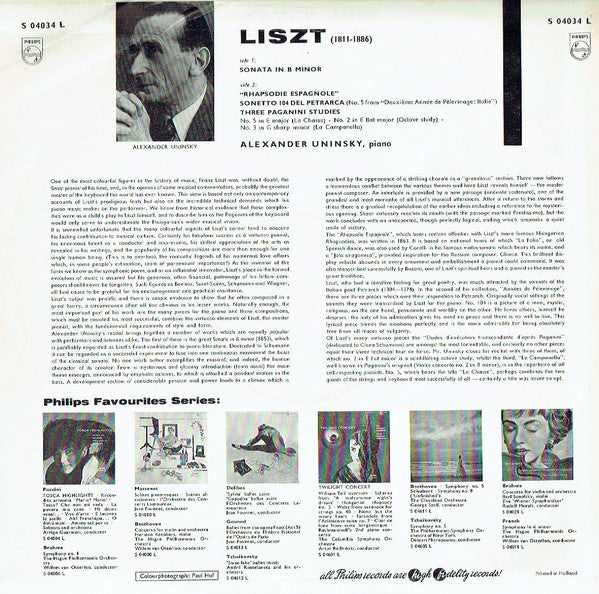 Liszt* - Alexander Uninsky : Sonata In B Minor/Rhapsodie Espagnole/Sonetto 104 Del Petrarca/Three Paganini Studies (LP, Mono)