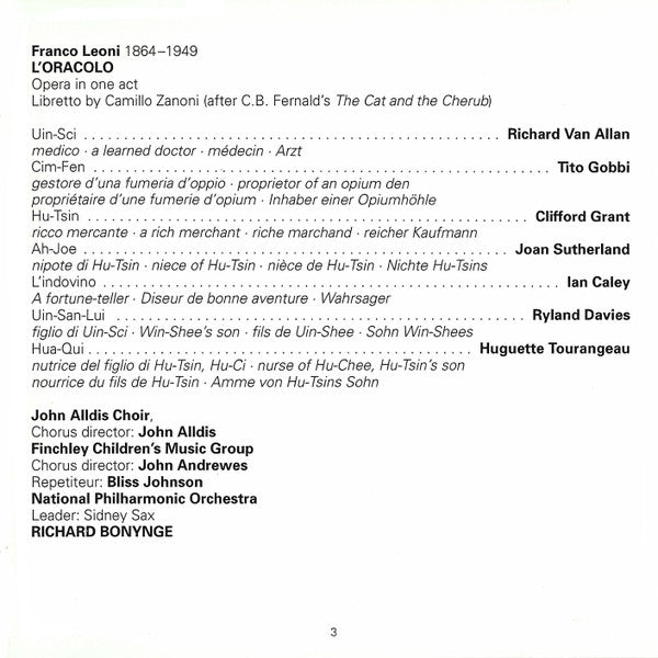 Franco Leoni - Joan Sutherland • Tito Gobbi • Richard Van Allan • Ryland Davies • Clifford Grant • Huguette Tourangeau • Richard Bonynge : L´Oracolo (CD, Album, RE, RM)