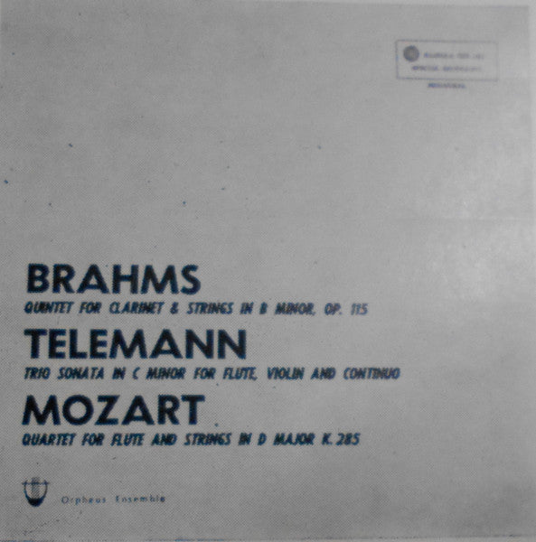 Johannes Brahms, Georg Philipp Telemann, Wolfgang Amadeus Mozart : Quinte For Clarinet & Strings - Trio Sonata - Quartet For Flute And Strings (LP, Mono)