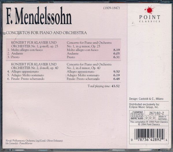 Mendelssohn*, Slovak Philharmonic Orchestra, Oliver Dohnanyi, Ida Černecká : Concertos For Piano And Orchestra (CD, Comp)