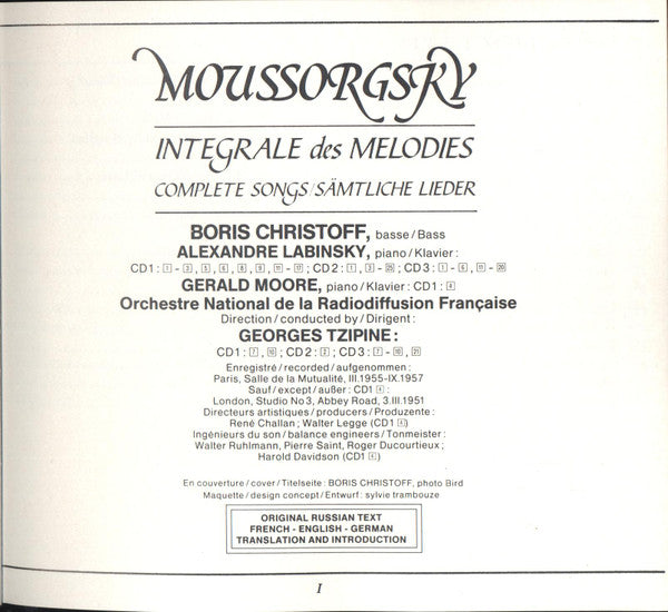 Moussorgsky* / Boris Christoff, Alexandre Labinsky, Gerald Moore, Orchestre National de la Radiodiffusion Française*, Georges Tzipine : Intégrale Des Melodies / Complete Songs / Sämtliche Lieder (3xCD, Album, Mono, RM)