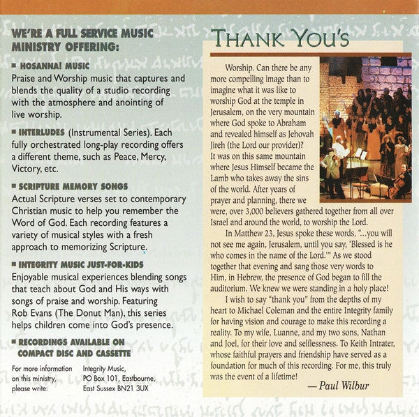 Paul Wilbur : Shalom Jerusalem (CD, Album)