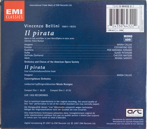 Vincenzo Bellini - Maria Callas, Pier Miranda Ferraro, Costantino Ego, Glade Peterson, Nicola Rescigno : Il Pirata (2xCD, Album, RE, RM)