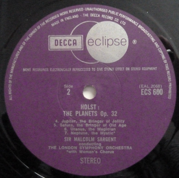 Gustav Holst - London Symphony Orchestra, Sir Malcolm Sargent : The Planets, Op. 32 (LP, RE)
