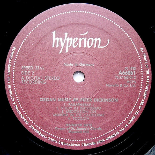 Jennifer Bate, Lennox Berkeley, Peter Dickinson : Organ Music By Lennox Berkeley And Peter Dickinson (LP, Gat)