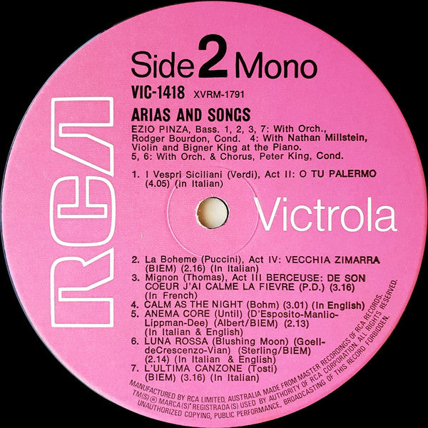 Ezio Pinza : Arias From The Marriage Of Figaro ‧ The Magic Flute ‧ Mignon ‧ The Barber Of Seville ‧ La Favorita ‧ Norma ‧ I Vespri Siciliani ‧ La Forza Del Destino ‧ La Bohème And Songs (LP, Comp, Mono)