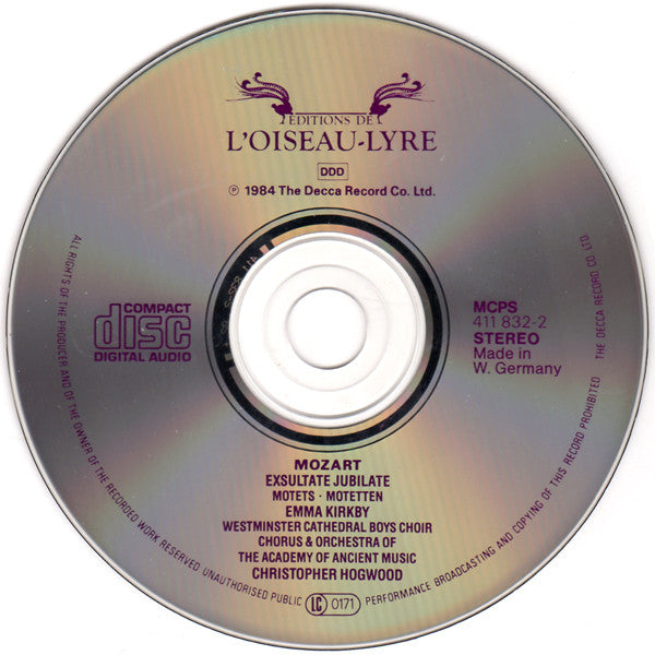 Mozart* / Emma Kirkby, Westminster Cathedral Boys Choir*, Chorus* & Orchestra Of The Academy Of Ancient Music*, Christopher Hogwood : Exsultate Jubilate / Motets · Motetten (CD, Album)