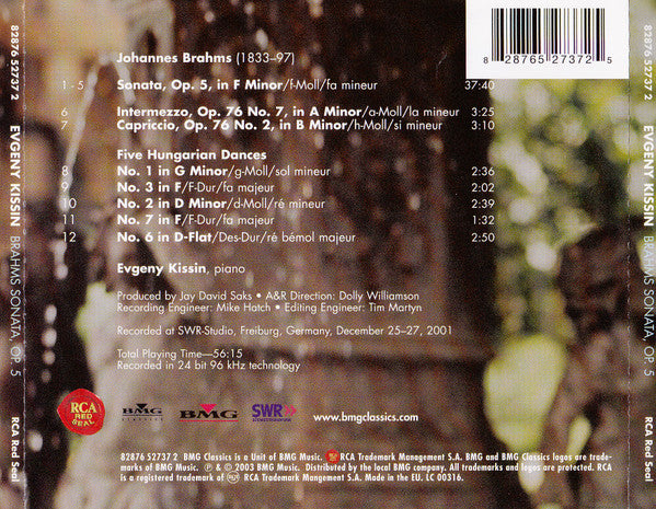 Brahms* - Evgeny Kissin* : Sonata / Intermezzo / Capriccio / Five Hungarian Dances (CD)