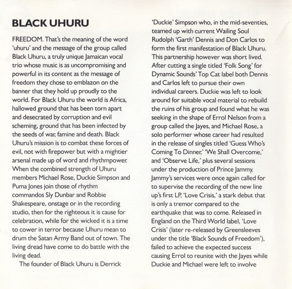 Black Uhuru : Reggae Greats (CD, Comp, RE)