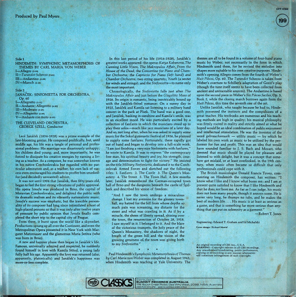 George Szell • The Cleveland Orchestra - Leoš Janáček / Paul Hindemith : Sinfonietta / Symphonic Metamorphosis (LP, RE)