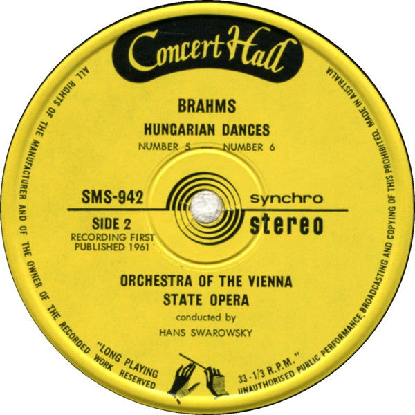 Johannes Brahms / Orchester Der Wiener Staatsoper / Hans Swarowsky : Hungarian Dances Nos 1, 2, 3, 5 & 6 (7", Syn)