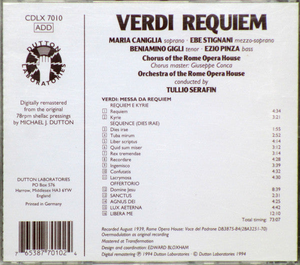 Giuseppe Verdi - Maria Caniglia, Ebe Stignani, Beniamino Gigli, Ezio Pinza, Coro Del Teatro Dell'Opera Di Roma & Orchestra Del Teatro Dell'Opera Di Roma, Tullio Serafin : Requiem (CD, Mono, RE, RM)