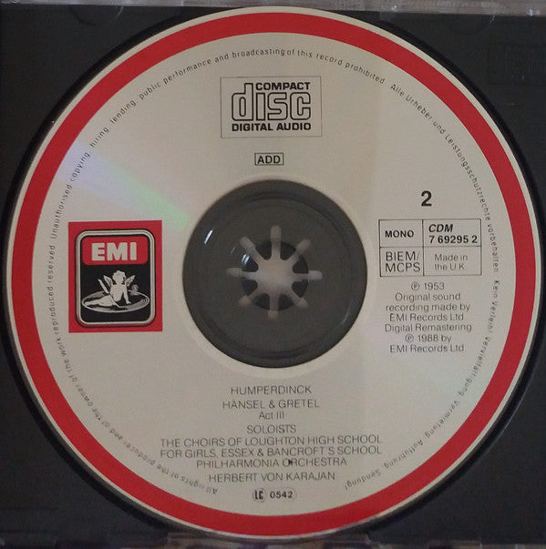 Humperdinck* / Karajan* / Schwarzkopf* • Grümmer* • Metternich* • Von Ilosvay* • Schürhoff* • Felbermayer* / Philharmonia Orchestra : Hänsel Und Gretel (2xCD, Album, Mono, RM)