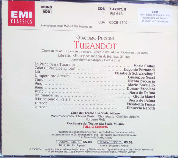 Puccini* / Callas*, Schwarzkopf*, Fernandi*, Zaccaria*, Orchestra* E Coro Del Teatro Alla Scala Di Milano*, Serafin* : Turandot (2xCD, Mono, RE + Box, Sli)