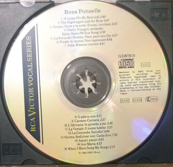 Rosa Ponselle - Giuseppe Verdi, Vincenzo Bellini, Giacomo Meyerbeer, Amilcare Ponchielli, Gaspare Spontini : Verdi-Bellini-Myerbeer-Ponchielli (CD, Comp, RE, RM)