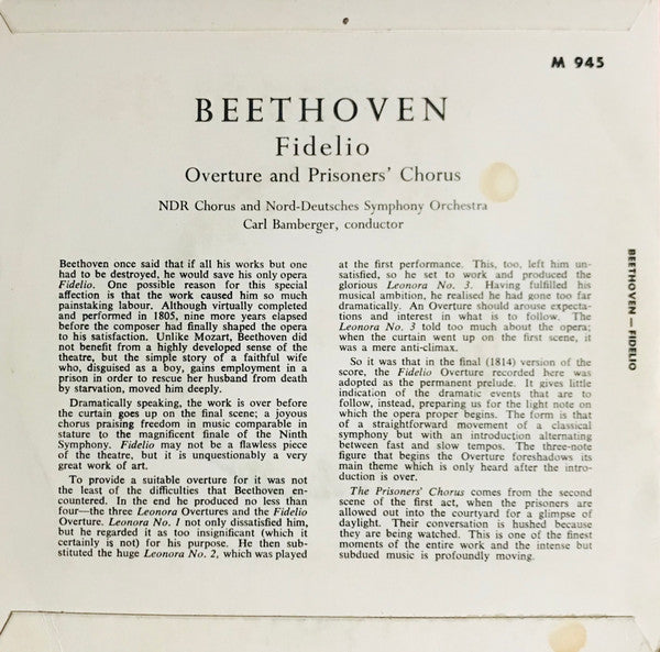 Ludwig van Beethoven / Das Norddeutsche Symphonieorchester / NDR Chor, Carl Bamberger : Fidelio: Overture Prisoners' Chorus (7")