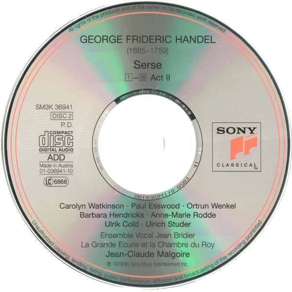 Georg Friedrich Händel – Jean-Claude Malgoire, La Grande Ecurie Et La Chambre Du Roy, Carolyn Watkinson, Barbara Hendricks, Paul Esswood, Ortrun Wenkel, Anne-Marie Rodde, Ulrik Cold, Ulrich Studer : Serse = Xerxes (3xCD, Album, RE)