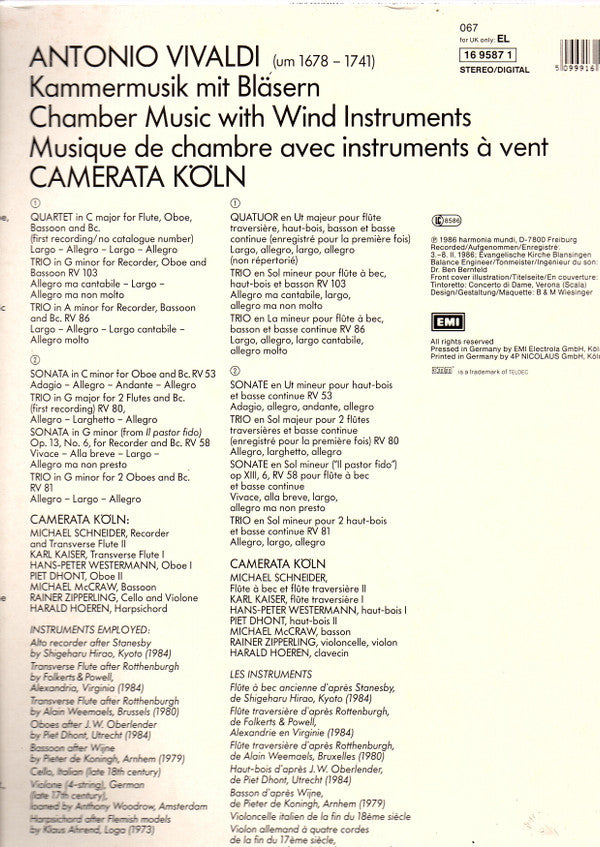 Antonio Vivaldi, Camerata Köln : Kammermusik Mit Bläsern (Chamber Music With Wind Instruments, Musique De Chambre Avec Instruments Avents) (LP)