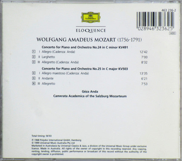 Wolfgang Amadeus Mozart, Géza Anda, Camerata Academica Salzburg : Piano Concertos Nos. 24 & 25 (CD, Comp)
