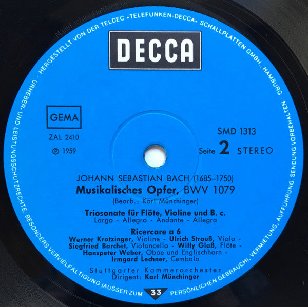 Johann Sebastian Bach, Stuttgarter Kammerorchester, Karl Münchinger : Musikalisches Opfer, BWV 1079 (LP, Album)
