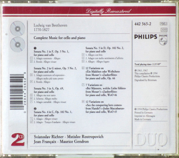 Beethoven* - Mstislav Rostropovich, Sviatoslav Richter, Maurice Gendron, Jean Françaix : Complete Music For Cello And Piano (2xCD, Comp, RM)