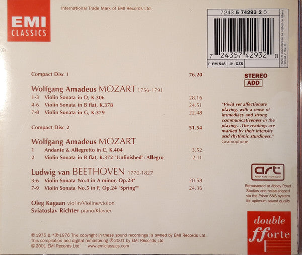 Oleg Kagan, Sviatoslav Richter : Mozart, Beethoven, Violin Sonatas (2xCD, Comp, RM)