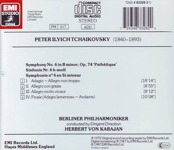 Pyotr Ilyich Tchaikovsky - Berliner Philharmoniker, Herbert von Karajan : Symphony • Symphonie No. 6 Pathétique (CD, Album, RM)