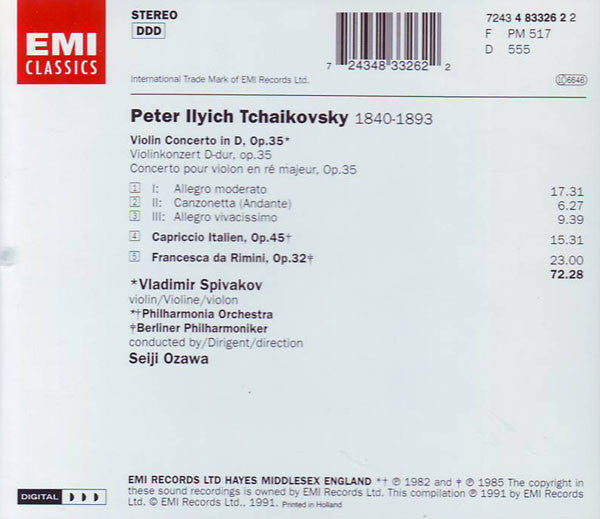 Pyotr Ilyich Tchaikovsky - Vladimir Spivakov, Philharmonia Orchestra, Berliner Philharmoniker, Seiji Ozawa : Violin Concerto / Capriccio Italien / Francesca Da Rimini (CD, Comp)