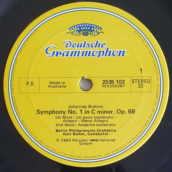 Johannes Brahms, Berlin Philharmonic Orchestra*, Karl Böhm : Symphony No. 1 (LP, RE)
