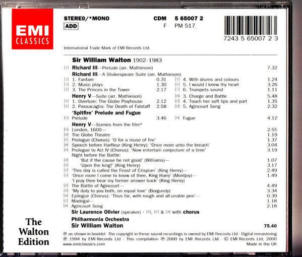 Walton* / Sir Laurence Olivier* • Philharmonia Orchestra • Sir William Walton : Scenes From Henry V • Richard III And Henry V–Suites • 'Spitfire' Prelude And Fugue (CD, Album, Comp, RE, RM)