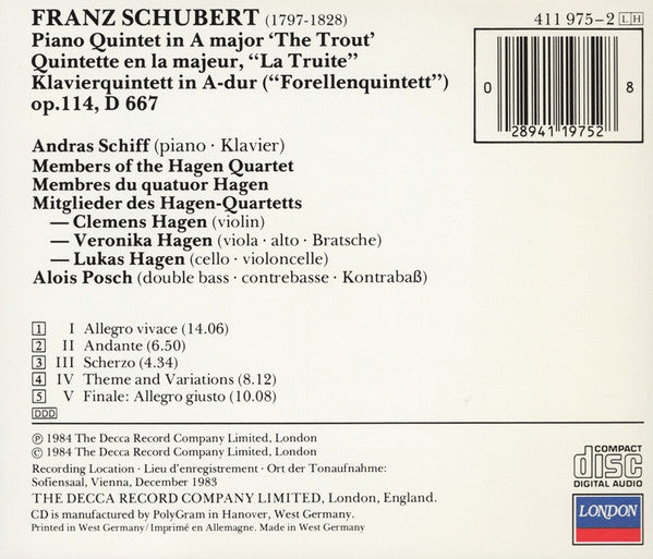 Schubert* — Andras Schiff*, Hagen Quartet*, Alois Posch : Trout Quintet (CD, Album)