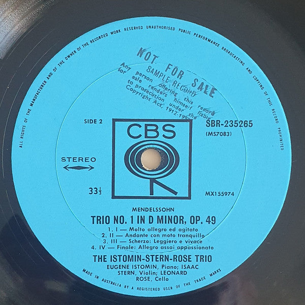 Ludwig van Beethoven / Felix Mendelssohn-Bartholdy - The Istomin/Stern/Rose Trio : Trio In C Minor, Op. 1, No. 3 / Trio In D Minor, Op. 49 (LP, Album)