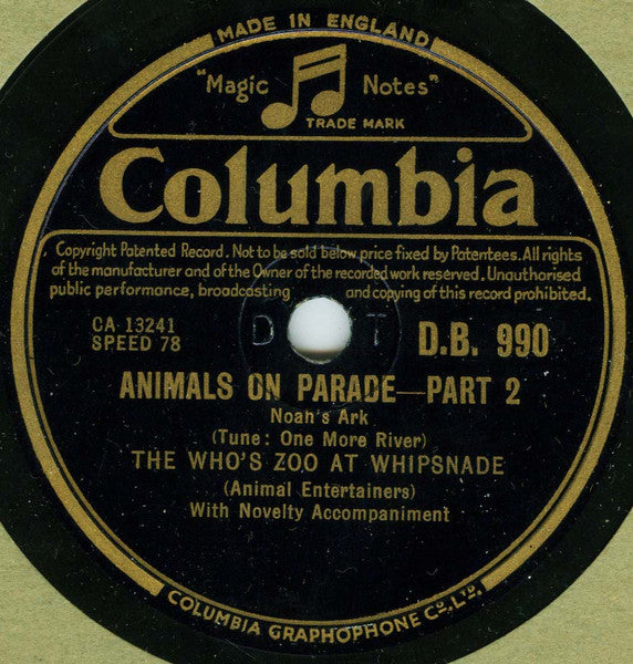 The Who's Zoo At Whipsnade : Animals On Parade - Part 1 / Animals On Parade - Part 2 (Shellac, 10")